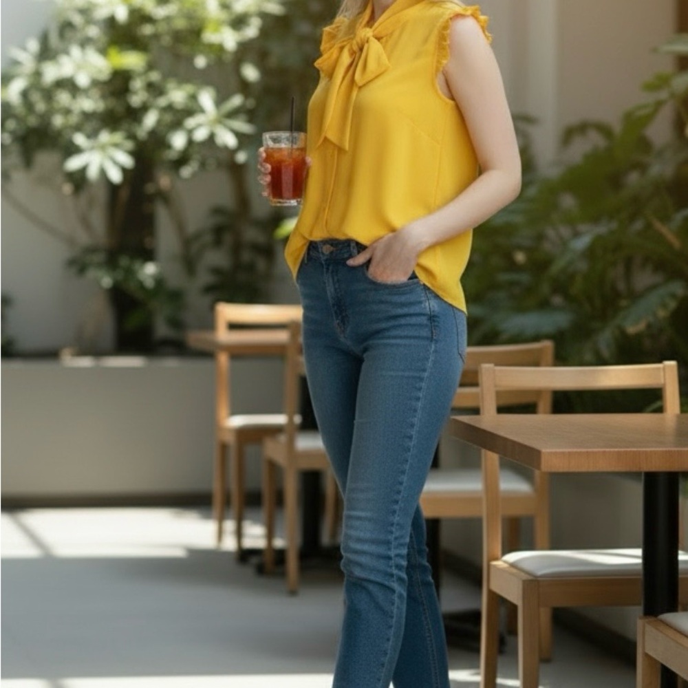 Tommy Hilfiger Women’s Ruffle Sleeve Tie-Neck Blouse Size XS in Yellow